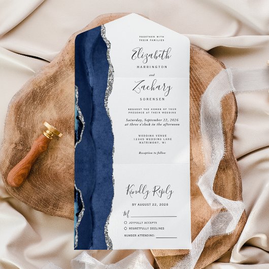 Invitation Tout En Un Mariage moderne Marine Blue Silver Agate