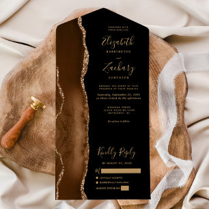 Invitation Tout En Un Mariage Moderne Marron Mocha Agate Noir Or
