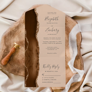 Invitation Tout En Un Mariage Moderne Marron Mocha Or Agate Tanné