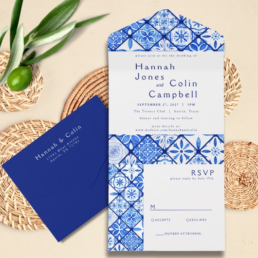 Invitation Tout En Un Mariage Moderne Méditerranéen Carreau Bleu