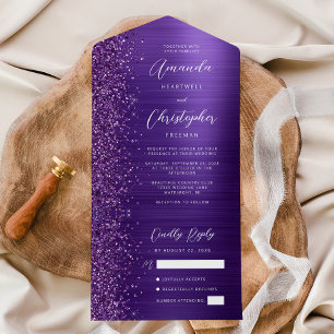 Invitation Tout En Un Mariage Moderne Métallisé Glamour Violet