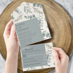 Invitation Tout En Un Mariage Moderne Motif Bleu Poussiéreux Eucalyptus