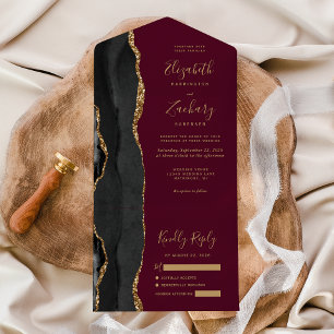 Invitation Tout En Un Mariage Moderne Noir Agate Bordeaux Or