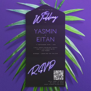 Invitation Tout En Un Mariage Moderne Noir avec Lumières Néon Violet Gra