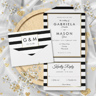 Invitation Tout En Un Mariage Moderne Noir Et Blanc Rayé Or