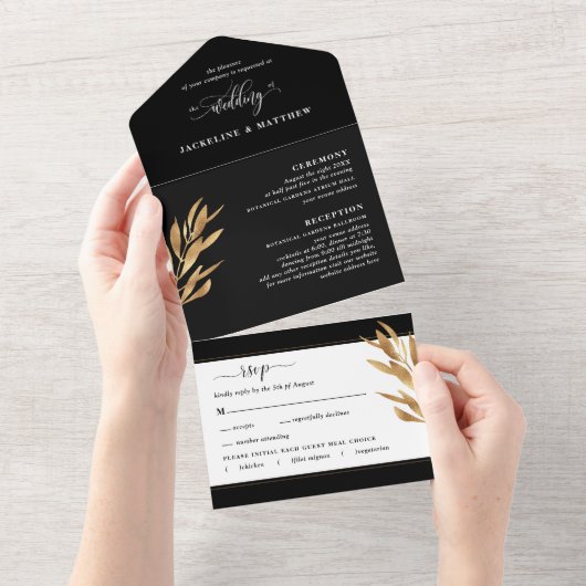 Invitation Tout En Un Mariage moderne noir et or avec RSVP perforé (Déchirure)