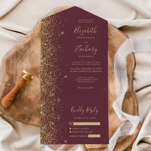 Invitation Tout En Un Mariage Moderne Paillettes Or Bourgogne Foncé