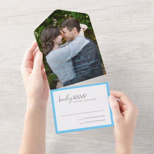 Invitation Tout En Un Mariage moderne photo bleu chic (Déchirure)