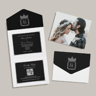 Invitation Tout En Un Mariage Moderne Photo Monogramme Noir Blanc Argent