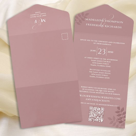Invitation Tout En Un Mariage moderne QR Code Rose RSVP