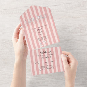 Invitation Tout En Un Mariage moderne rayé rose et blanc