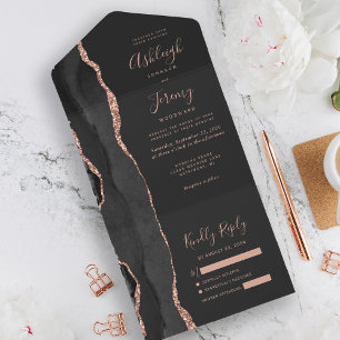 Invitation Tout En Un Mariage Moderne Rose Or Noir Agate Foncé