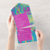 Invitation Tout En Un Mariage moderne rose vif et marbre Turquoise (Déchirure)
