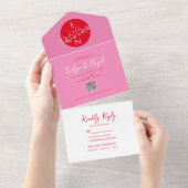 Invitation Tout En Un Mariage moderne rouge et rose (Déchirure)