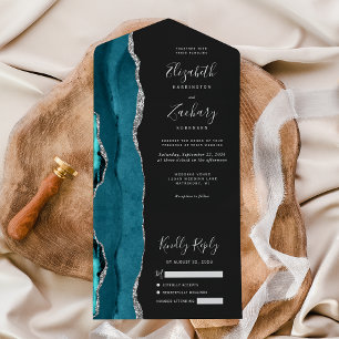 Invitation Tout En Un Mariage Moderne Sarcelle Argent Agate Foncé