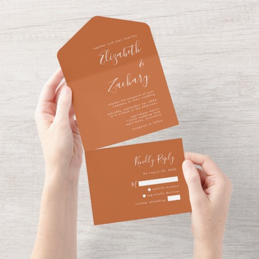 Invitation Tout En Un Mariage Moderne Script Orange Brûlé (Déchirure)