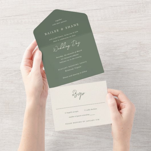 Invitation Tout En Un Mariage Moderne Simple Vert Olive (Déchirure)
