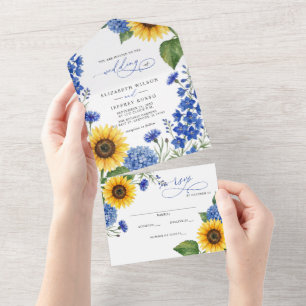Invitation Tout En Un Mariage Moderne Tournesols Fleuris Bleu Royal