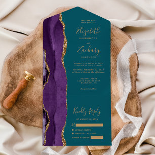 Invitation Tout En Un Mariage Moderne Turquoise Agate Or Violet
