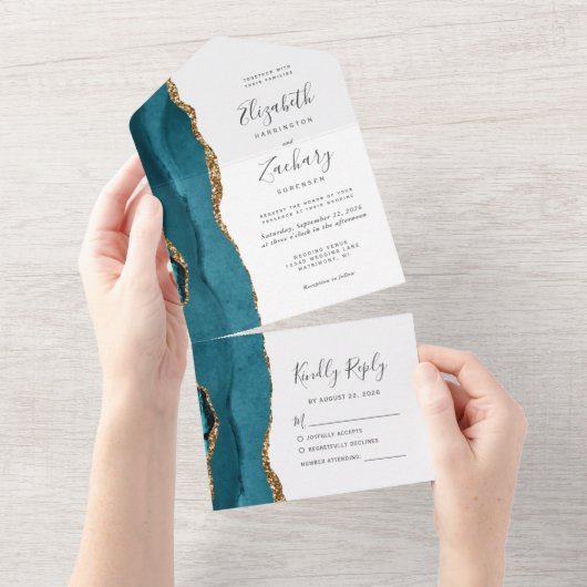 Invitation Tout En Un Mariage moderne Turquoise Blue Gold Agate (Déchirure)