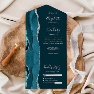 Invitation Tout En Un Mariage moderne Turquoise d'âge d'argent foncé