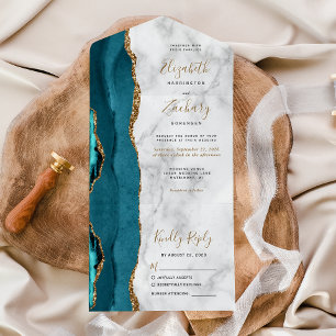 Invitation Tout En Un Mariage moderne Turquoise Or Agate Marbre