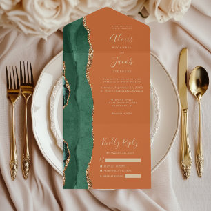 Invitation Tout En Un Mariage Moderne Vert Émeraude Agate Rouille Or