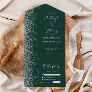 Invitation Tout En Un Mariage Moderne Vert Émeraude Paillettes Argentées