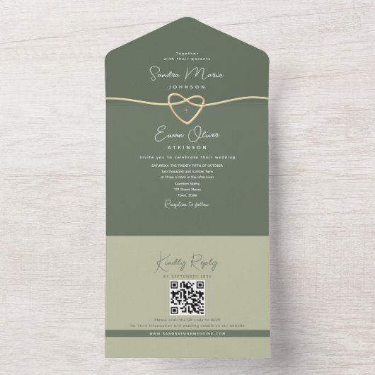 Invitation Tout En Un Mariage moderne vert olive (À l'intérieur)