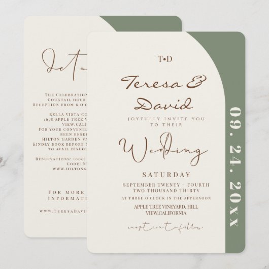 Invitation Tout en Un Mariage Moderne Vert Sauge (Devant / Derrière)