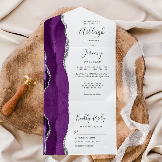 Invitation Tout En Un Mariage Moderne Violet Argent Agate
