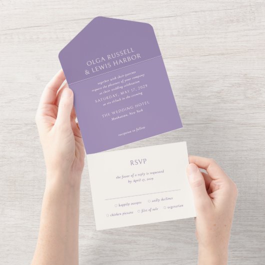 Invitation Tout En Un Mariage moderne violet simple (Déchirure)