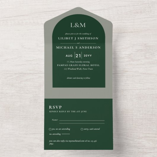 Invitation Tout En Un Mariage monochrome vert moderne (À l'intérieur)