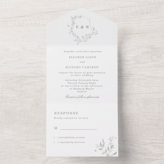 Invitation Tout En Un Mariage Monogram Crest Leafy classique (À l'intérieur)