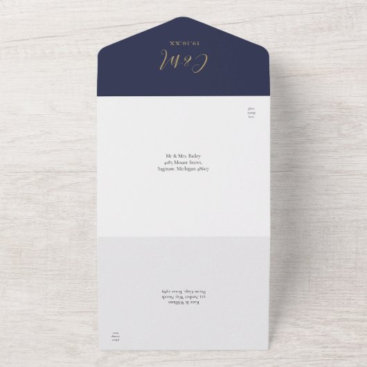 Invitation Tout En Un Mariage Monogram Marine Blue And Gold Modern Scrip (Dehors)