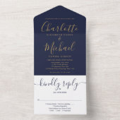 Invitation Tout En Un Mariage Monogram Marine Blue And Gold Modern Scrip (À l'intérieur)