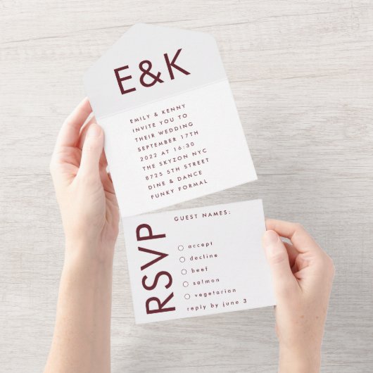 Invitation Tout En Un Mariage Monogram Ultra Modern Bourgogne (Déchirure)