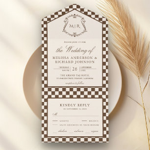 Invitation Tout En Un Mariage Monogramme à Carreaux Marron Ivoire d'Arge