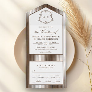 Invitation Tout En Un Mariage Monogramme à Crête Rayée Brun Chocolat