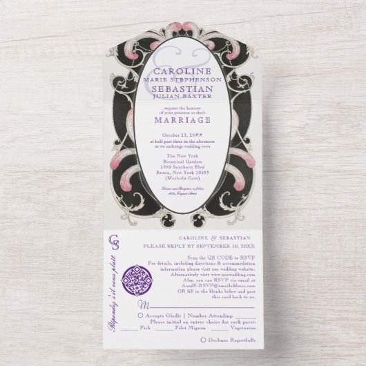 Invitation Tout En Un mariage Monogramme Art Déco Chic 1920 (À l'intérieur)
