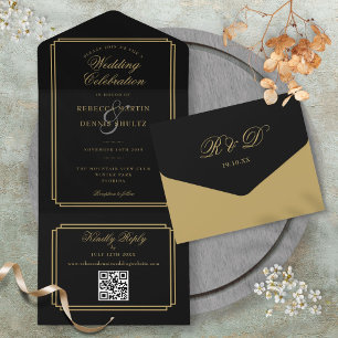 Invitation Tout En Un Mariage Monogramme Art Déco Code QR Noir Et Or