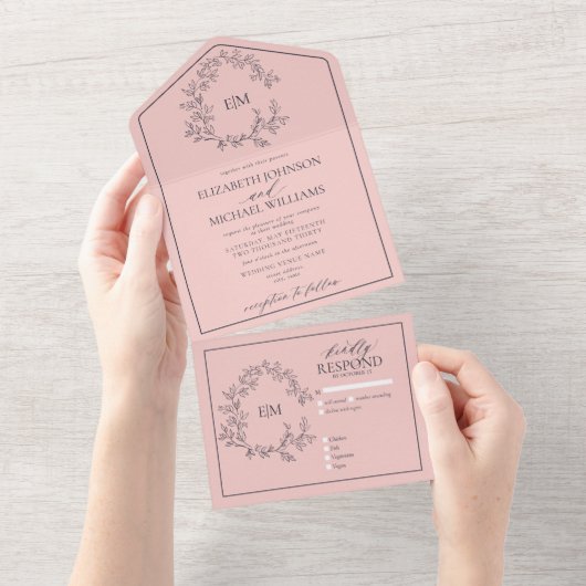 Invitation Tout En Un Mariage Monogramme bleu marine bleu brillant (Déchirure)