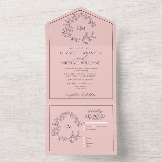 Invitation Tout En Un Mariage Monogramme bleu marine bleu brillant (À l'intérieur)