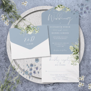 Invitation Tout En Un Mariage Monogramme Botanique Bleu Poussiéreux