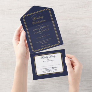 Invitation Tout En Un Mariage Monogramme Classique Bleu Et Or Marine
