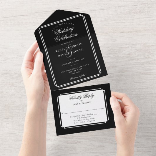 Invitation Tout En Un Mariage Monogramme Classique Noir Et Blanc (Déchirure)