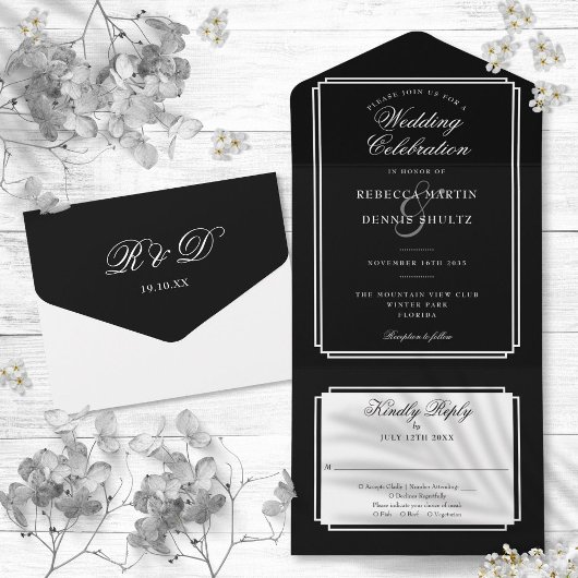Invitation Tout En Un Mariage Monogramme Classique Noir Et Blanc