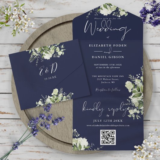 Invitation Tout En Un Mariage Monogramme Code QR de la verdure Bleu Mari