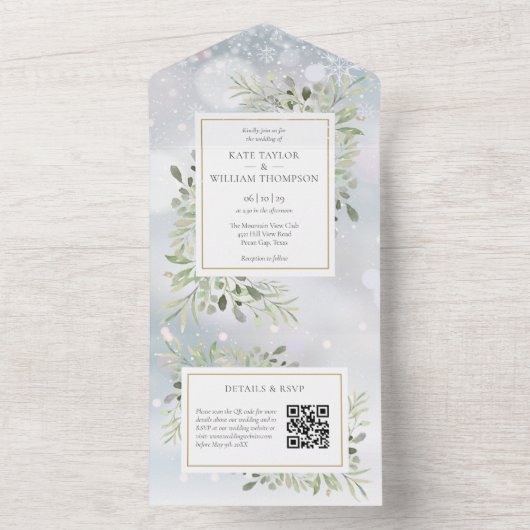 Invitation Tout En Un Mariage Monogramme Code QR de Verdure d'Hiver (À l'intérieur)