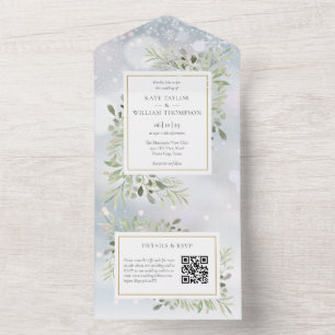 Invitation Tout En Un Mariage Monogramme Code QR de Verdure d'Hiver